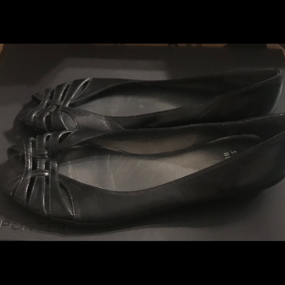 Stuart Weitzman Black Leather Open-Toe Flats - Picture 4 of 5